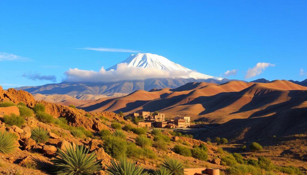 A snow-capped Atlas Mountains peak rises majestically against a clear, azure sky. In the foreground, a rugged, rocky landscape is dotted with lush, verdant vegetation, hinting at the region's temperate climate. Warm, golden sunlight filters through wispy clouds, casting a soft, diffused glow over the scene. In the middle ground, a picturesque Berber village nestles between the rolling foothills, its traditional clay-and-stone architecture blending seamlessly with the natural surroundings. The overall atmosphere evokes a sense of tranquility and timelessness, capturing the essence of the Atlas Mountains climate in March. MyVisitMorocco A snow-capped Atlas Mountains peak rises majestically against a clear, azure sky. In the foreground, a rugged, rocky landscape is dotted with lush, verdant vegetation, hinting at the region's temperate climate. Warm, golden sunlight filters through wispy clouds, casting a soft, diffused glow over the scene. In the middle ground, a picturesque Berber village nestles between the rolling foothills, its traditional clay-and-stone architecture blending seamlessly with the natural surroundings. The overall atmosphere evokes a sense of tranquility and timelessness, capturing the essence of the Atlas Mountains climate in March. MyVisitMorocco