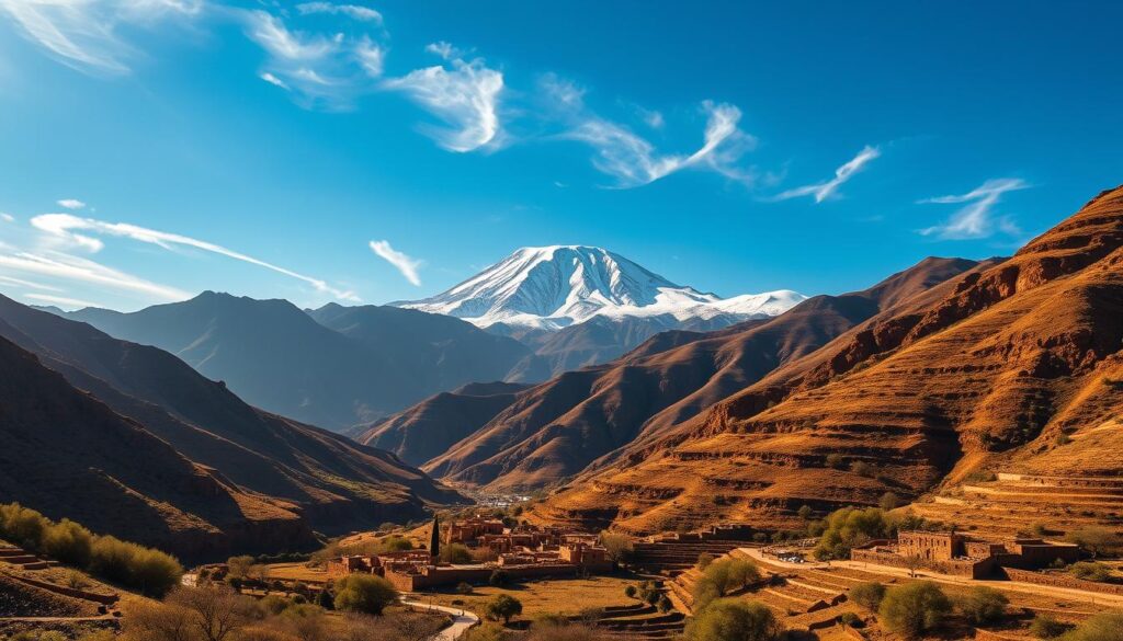 A snow-capped Atlas Mountains peak rises majestically against a clear, azure sky. Rugged, wind-swept slopes are dotted with hardy, evergreen vegetation in shades of olive and sage. Warm sunlight filters through wispy cirrus clouds, casting a golden glow over the dramatic landscape. In the middle ground, a traditional Berber village nestles amidst terraced farmlands, its earthen architecture blending seamlessly with the natural environment. The scene exudes a sense of timeless tranquility, evoking the distinctive mountain climate of Morocco's Atlas Range in March. MyVisitMorocco