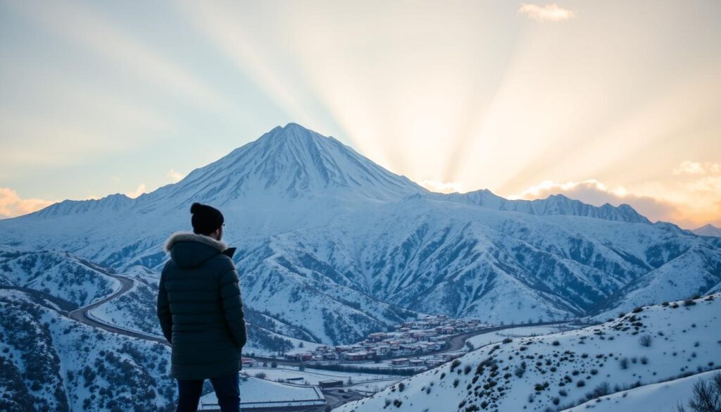 A snow-capped Atlas Mountains peak rises majestically against a crisp, clear winter sky. Rugged, frost-dusted slopes descend into a valley blanketed in pristine white, dotted with clusters of traditional Berber villages. Shafts of warm, golden light filter through wispy clouds, casting a soft, serene glow over the serene, wintry landscape. In the foreground, a lone traveler, bundled in layers, stands in awe, taking in the breathtaking MyVisitMorocco scene.