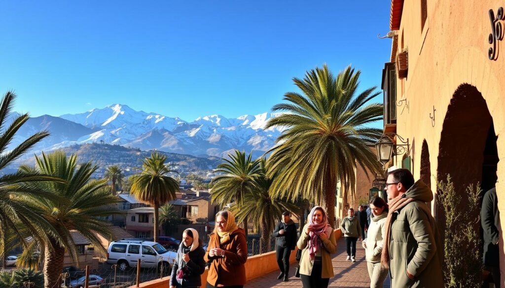A snow-capped High Atlas mountain range dominates the background, its peaks piercing the crisp blue winter sky. In the middle ground, a traditional Moroccan village nestles amidst lush palm trees, their fronds swaying gently in the cool breeze. In the foreground, a group of locals and tourists stroll along a winding, cobblestone street, bundled in warm coats and scarves, sipping steaming mint tea. The scene is bathed in soft, golden light, conveying the cozy, inviting atmosphere of a Moroccan winter vacation. MyVisitMorocco A snow-capped High Atlas mountain range dominates the background, its peaks piercing the crisp blue winter sky. In the middle ground, a traditional Moroccan village nestles amidst lush palm trees, their fronds swaying gently in the cool breeze. In the foreground, a group of locals and tourists stroll along a winding, cobblestone street, bundled in warm coats and scarves, sipping steaming mint tea. The scene is bathed in soft, golden light, conveying the cozy, inviting atmosphere of a Moroccan winter vacation. MyVisitMorocco