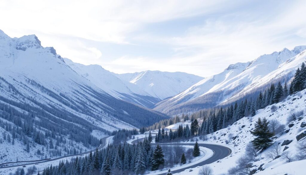 A snow-covered landscape in the Atlas Mountains, Morocco, during the winter season. In the foreground, a winding road winds through a valley, flanked by towering, jagged peaks blanketed in pristine white. In the middle ground, pine forests stand tall, their branches heavy with snow. The background is dominated by a clear, crisp sky, with wispy clouds drifting overhead. The lighting is soft and diffused, casting a cool, ethereal glow over the scene. Captured with a wide-angle lens to emphasize the grandeur of the mountainous terrain. MyVisitMorocco
