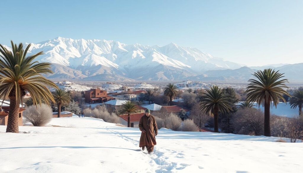 A snow-dusted Atlas Mountains rise majestically in the background, their peaks glimmering under a crisp winter sun. In the middle ground, a traditional Moroccan village nestles amidst lush palm trees, its terracotta-tiled roofs contrasting with the pristine white landscape. In the foreground, a lone figure in traditional Berber garb trudges through the powdery snow, adding a sense of scale and human presence to the scene. The lighting is soft and diffused, casting long shadows and creating a serene, peaceful atmosphere. MyVisitMorocco