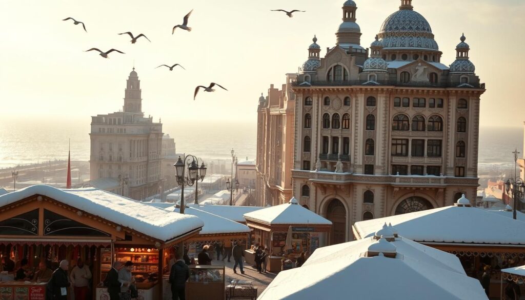 A snow-dusted cityscape of Casablanca in the wintertime, bathed in a soft, diffused light. In the foreground, a bustling marketplace with vendors selling warm beverages and traditional Moroccan wares, their stalls adorned with colorful textiles. In the middle ground, the grand Art Deco architecture of the city center stands tall, its intricate facades and ornate details highlighted by the gentle winter sun. In the background, the Atlantic Ocean stretches out, its waves lapping against the seawall, as seagulls soar overhead. The overall mood is one of cozy tranquility, a serene respite from the chill of the season. MyVisitMorocco