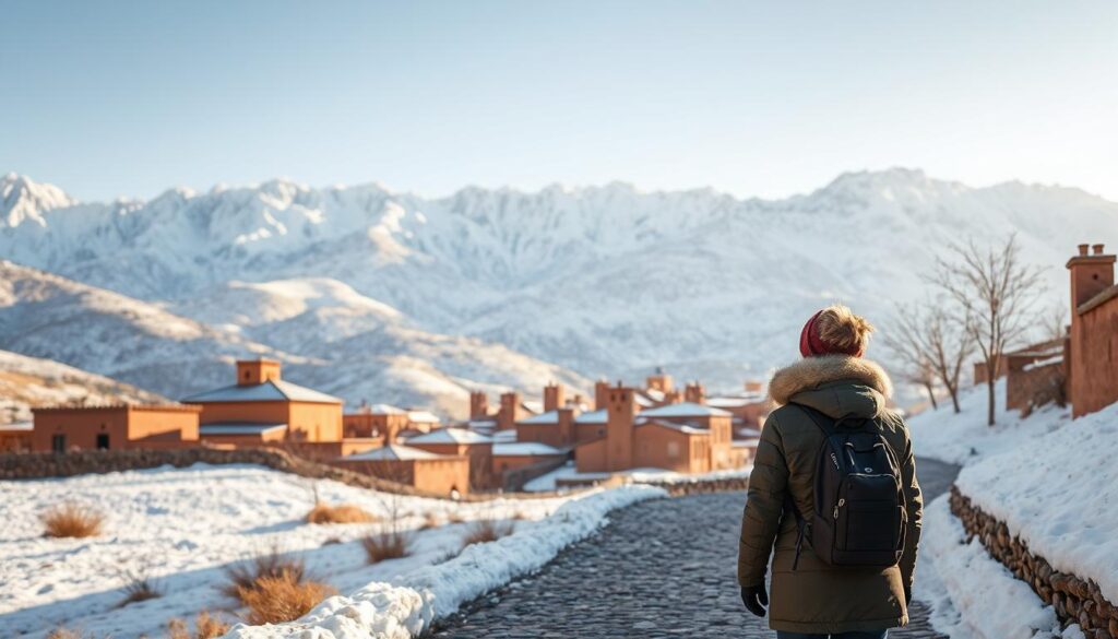 A snowy Atlas Mountain range dominates the background, its peaks dusted with a pristine white blanket. In the middle ground, a traditional Moroccan village nestles amidst rolling hills, its ochre-colored buildings and pointed roofs creating a striking contrast against the wintry landscape. In the foreground, a lone traveler, bundled in warm clothing, strolls down a cobblestone path, gazing up at the clear, crisp sky. The scene is illuminated by a soft, golden light, lending a cozy, inviting atmosphere. Subtle details, such as steam rising from chimneys and a few hardy trees clinging to life, add to the authenticity of this wintry Moroccan tableau. MyVisitMorocco A snowy Atlas Mountain range dominates the background, its peaks dusted with a pristine white blanket. In the middle ground, a traditional Moroccan village nestles amidst rolling hills, its ochre-colored buildings and pointed roofs creating a striking contrast against the wintry landscape. In the foreground, a lone traveler, bundled in warm clothing, strolls down a cobblestone path, gazing up at the clear, crisp sky. The scene is illuminated by a soft, golden light, lending a cozy, inviting atmosphere. Subtle details, such as steam rising from chimneys and a few hardy trees clinging to life, add to the authenticity of this wintry Moroccan tableau. MyVisitMorocco