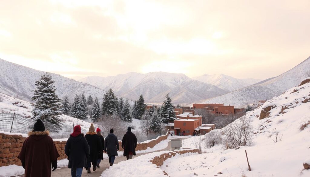 A snowy landscape in the Atlas Mountains of northern Morocco, with a traditional Berber village nestled in the foothills. In the foreground, a group of locals bundled in warm cloaks and hats navigate the winding, cobblestone streets, their breath visible in the crisp, winter air. The middle ground features a dusting of snow-covered pine trees, and in the distance, the majestic, snow-capped peaks of the mountain range rise up against a pale, overcast sky. Warm, natural lighting filters through the clouds, casting a soft, diffused glow over the scene. MyVisitMorocco