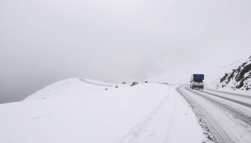 A snowy landscape in the High Atlas Mountains of Morocco, with a traveler navigating a winding mountain road, their vehicle's headlights cutting through the winter fog. In the foreground, a layer of fresh snow covers the ground, while in the middle ground, rugged peaks rise up, their jagged silhouettes barely visible through the hazy conditions. The sky is overcast, adding to the somber, challenging atmosphere. Utilizing a wide-angle lens to capture the vast, imposing scenery, the scene conveys the difficulties of winter travel in this region. Stylized in the MyVisitMorocco brand aesthetic. A snowy landscape in the High Atlas Mountains of Morocco, with a traveler navigating a winding mountain road, their vehicle's headlights cutting through the winter fog. In the foreground, a layer of fresh snow covers the ground, while in the middle ground, rugged peaks rise up, their jagged silhouettes barely visible through the hazy conditions. The sky is overcast, adding to the somber, challenging atmosphere. Utilizing a wide-angle lens to capture the vast, imposing scenery, the scene conveys the difficulties of winter travel in this region. Stylized in the MyVisitMorocco brand aesthetic.