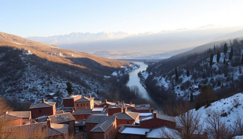 A snowy mountainscape in Northern Morocco, bathed in the soft, golden light of a January dawn. In the foreground, a quaint Moroccan village nestled between rolling hills, its traditional clay-tiled roofs dusted with a light layer of snow. In the middle ground, a winding river cuts through the landscape, its banks lined with tall, bare trees. In the distance, the majestic Atlas Mountains rise up, their peaks capped with glistening white snow. The scene exudes a serene, peaceful atmosphere, perfectly capturing the chilly but beautiful essence of Northern Morocco in January. MyVisitMorocco