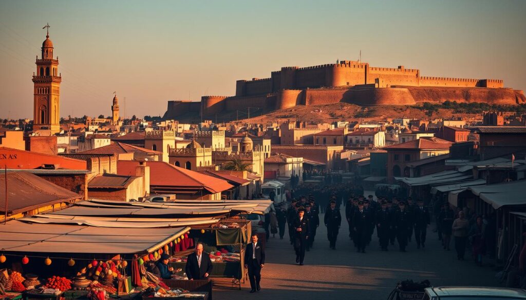 A sprawling Moroccan city under colonial rule, bathed in warm afternoon light. In the foreground, a bustling marketplace with vendors selling colorful textiles, spices, and handcrafted goods. Towering minarets and ornate architectural details dot the skyline, hinting at the region's rich cultural heritage. In the middle ground, a procession of soldiers in crisp uniforms, a stark contrast to the vibrant local life. The background features a shadowy, imposing fortress, a symbol of the colonial power that has reshaped this land. The scene conveys a sense of tension and unrest, hinting at the struggle for Moroccan independence. MyVisitMorocco.