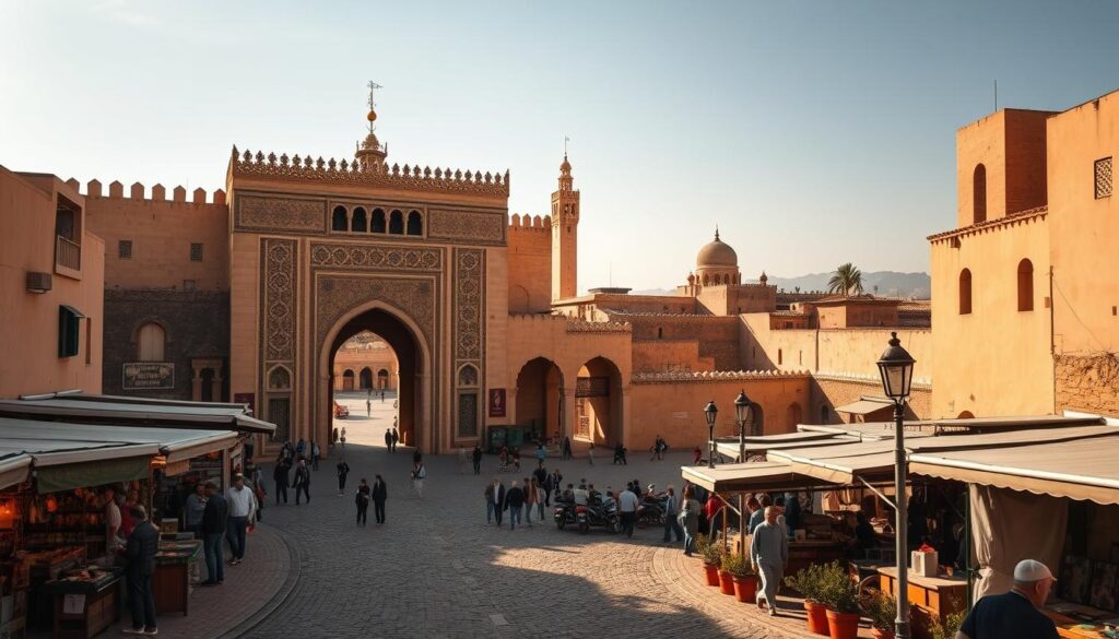 A sprawling, ancient imperial city nestled in the foothills of the Atlas Mountains, Meknes presents a stunning display of Moorish architecture and rich history. Capture the grandeur of the MyVisitMorocco iconic Bab Mansour Gate, its ornate, intricate facade bathed in warm, golden light. In the foreground, cobblestone streets wind through a bustling marketplace, vendors and locals going about their daily lives. In the middle ground, the imposing, honey-colored walls of the old medina rise up, punctuated by graceful archways and ornate decorations. In the distance, the striking silhouette of the Mausoleum of Moulay Ismail stands tall, a testament to the city's imperial legacy. Convey a sense of timeless elegance and the allure of this oft-overlooked Moroccan gem. A sprawling, ancient imperial city nestled in the foothills of the Atlas Mountains, Meknes presents a stunning display of Moorish architecture and rich history. Capture the grandeur of the MyVisitMorocco iconic Bab Mansour Gate, its ornate, intricate facade bathed in warm, golden light. In the foreground, cobblestone streets wind through a bustling marketplace, vendors and locals going about their daily lives. In the middle ground, the imposing, honey-colored walls of the old medina rise up, punctuated by graceful archways and ornate decorations. In the distance, the striking silhouette of the Mausoleum of Moulay Ismail stands tall, a testament to the city's imperial legacy. Convey a sense of timeless elegance and the allure of this oft-overlooked Moroccan gem.