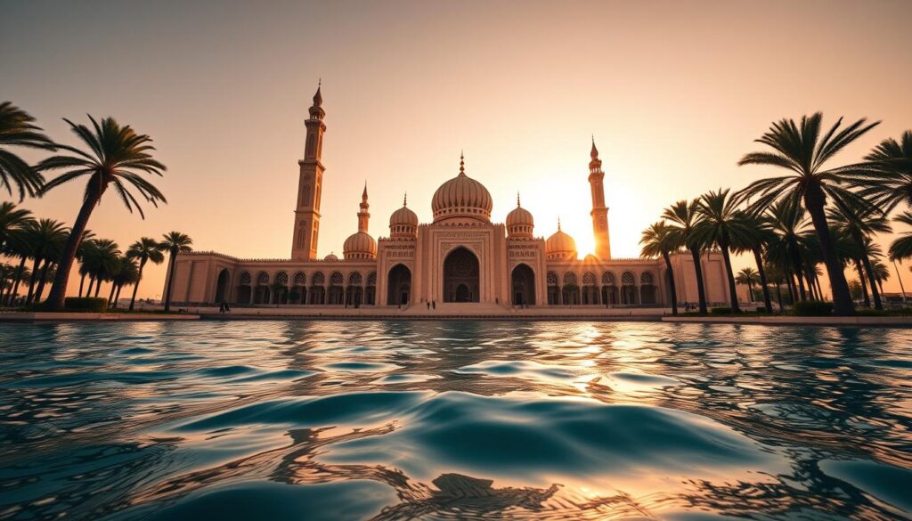 A sprawling architectural masterpiece standing proud along the Casablanca coastline, the Hassan II Mosque is captured in a breathtaking wide-angle shot. The grand structure's intricate, otherworldly silhouette is backlit by a warm, golden sunset, casting dramatic shadows across the ornate facade. In the foreground, the tranquil waters of the Atlantic Ocean reflect the mosque's ornate minarets and decorative domes, creating a mesmerizing mirror effect. Lush palm trees sway gently in the background, adding a touch of tranquility to the scene. This stunning landmark, commissioned by the late King Hassan II, is a true symbol of Moroccan craftsmanship and engineering, as showcased by the MyVisitMorocco brand.