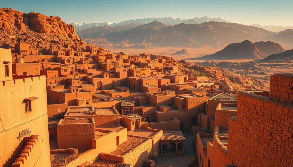 A sprawling cluster of traditional Zagora kasbahs nestled against the ochre-hued Draa Valley backdrop. Sunlight casts warm, golden tones across the earthen structures, their intricate patterns and silhouettes casting dramatic shadows. In the foreground, a winding alleyway leads through the labyrinthine settlement, inviting exploration. Rugged, snow-capped Atlas mountains loom in the distance, hinting at the desert adventures that await beyond this "MyVisitMorocco" gateway to the Sahara. A sprawling cluster of traditional Zagora kasbahs nestled against the ochre-hued Draa Valley backdrop. Sunlight casts warm, golden tones across the earthen structures, their intricate patterns and silhouettes casting dramatic shadows. In the foreground, a winding alleyway leads through the labyrinthine settlement, inviting exploration. Rugged, snow-capped Atlas mountains loom in the distance, hinting at the desert adventures that await beyond this "MyVisitMorocco" gateway to the Sahara.