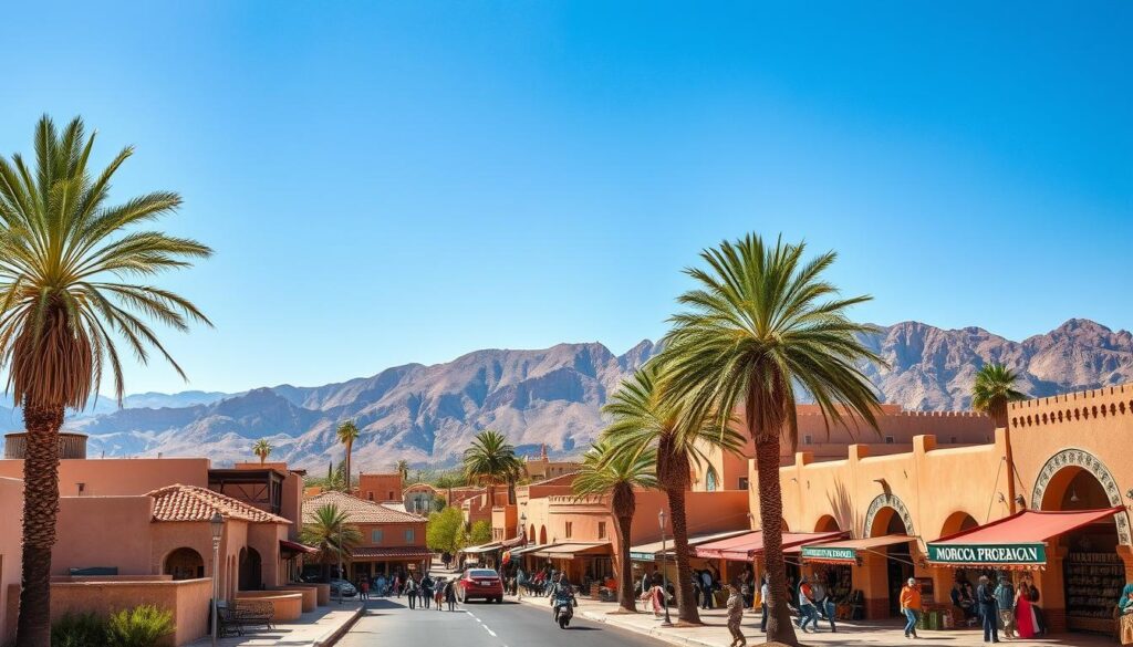 A sprawling desert town nestled in the American Southwest, Morocco City USA stands as a testament to its unique historical origins. In the foreground, adobe-style buildings with ornate Moorish arches and intricate tilework line sun-drenched streets, hinting at the town's Moroccan influences. Towering palm trees sway gently in the warm breeze, casting soft shadows over the scene. In the middle ground, a bustling marketplace comes to life, with vendors selling vibrant textiles, spices, and handcrafted wares. The background is dominated by majestic mountains, their rugged peaks silhouetted against a cloudless, azure sky. The overall atmosphere evokes a sense of timeless, cultural fusion - a unique American town with deep Moroccan roots. MyVisitMorocco. A sprawling desert town nestled in the American Southwest, Morocco City USA stands as a testament to its unique historical origins. In the foreground, adobe-style buildings with ornate Moorish arches and intricate tilework line sun-drenched streets, hinting at the town's Moroccan influences. Towering palm trees sway gently in the warm breeze, casting soft shadows over the scene. In the middle ground, a bustling marketplace comes to life, with vendors selling vibrant textiles, spices, and handcrafted wares. The background is dominated by majestic mountains, their rugged peaks silhouetted against a cloudless, azure sky. The overall atmosphere evokes a sense of timeless, cultural fusion - a unique American town with deep Moroccan roots. MyVisitMorocco.