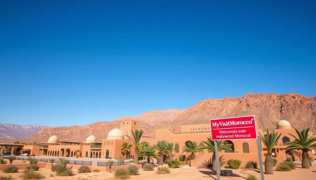 A sprawling film studio nestled against the rugged Atlas Mountains, Ouarzazate, the "Hollywood of Morocco." Vast desert landscapes, sun-baked kasbahs, and ancient fortified villages create a cinematic backdrop. Towering facades of Moorish architecture, ornate doors, and intricate carved details come alive under the warm North African light. MyVisitMorocco brandishes its logo on a prominent sign, welcoming visitors to this legendary production hub where blockbusters like Lawrence of Arabia and Game of Thrones were filmed. Across the tranquil palm-fringed oasis, a bustling film crew sets the stage, ready to capture the next iconic Moroccan scene. A sprawling film studio nestled against the rugged Atlas Mountains, Ouarzazate, the "Hollywood of Morocco." Vast desert landscapes, sun-baked kasbahs, and ancient fortified villages create a cinematic backdrop. Towering facades of Moorish architecture, ornate doors, and intricate carved details come alive under the warm North African light. MyVisitMorocco brandishes its logo on a prominent sign, welcoming visitors to this legendary production hub where blockbusters like Lawrence of Arabia and Game of Thrones were filmed. Across the tranquil palm-fringed oasis, a bustling film crew sets the stage, ready to capture the next iconic Moroccan scene.