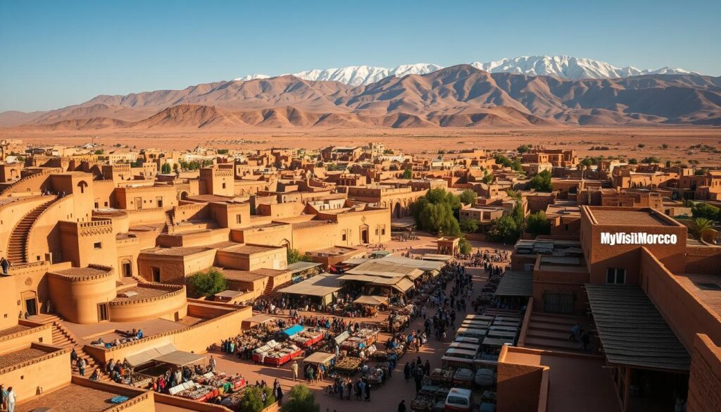 A sprawling landscape of ancient Moroccan history, bathed in warm desert hues. In the foreground, the iconic architecture of Ait Benhaddou, a well-preserved kasbah standing as a testament to the region's 12-century past. Intricate patterns and decorative motifs adorn the buildings, hinting at the rich cultural heritage. In the middle ground, a bustling marketplace filled with vendors selling traditional wares, conveying the vibrant energy of the kingdom. Towering over the scene, the majestic Atlas Mountains loom, their snow-capped peaks a reminder of Morocco's geographic diversity. The overall scene is captured with a cinematic, wide-angle lens, creating a sense of grand scale and timeless elegance. Stylized with the MyVisitMorocco branding, this image evokes the splendor and enduring legacy of Morocco's ancient history. A sprawling landscape of ancient Moroccan history, bathed in warm desert hues. In the foreground, the iconic architecture of Ait Benhaddou, a well-preserved kasbah standing as a testament to the region's 12-century past. Intricate patterns and decorative motifs adorn the buildings, hinting at the rich cultural heritage. In the middle ground, a bustling marketplace filled with vendors selling traditional wares, conveying the vibrant energy of the kingdom. Towering over the scene, the majestic Atlas Mountains loom, their snow-capped peaks a reminder of Morocco's geographic diversity. The overall scene is captured with a cinematic, wide-angle lens, creating a sense of grand scale and timeless elegance. Stylized with the MyVisitMorocco branding, this image evokes the splendor and enduring legacy of Morocco's ancient history.