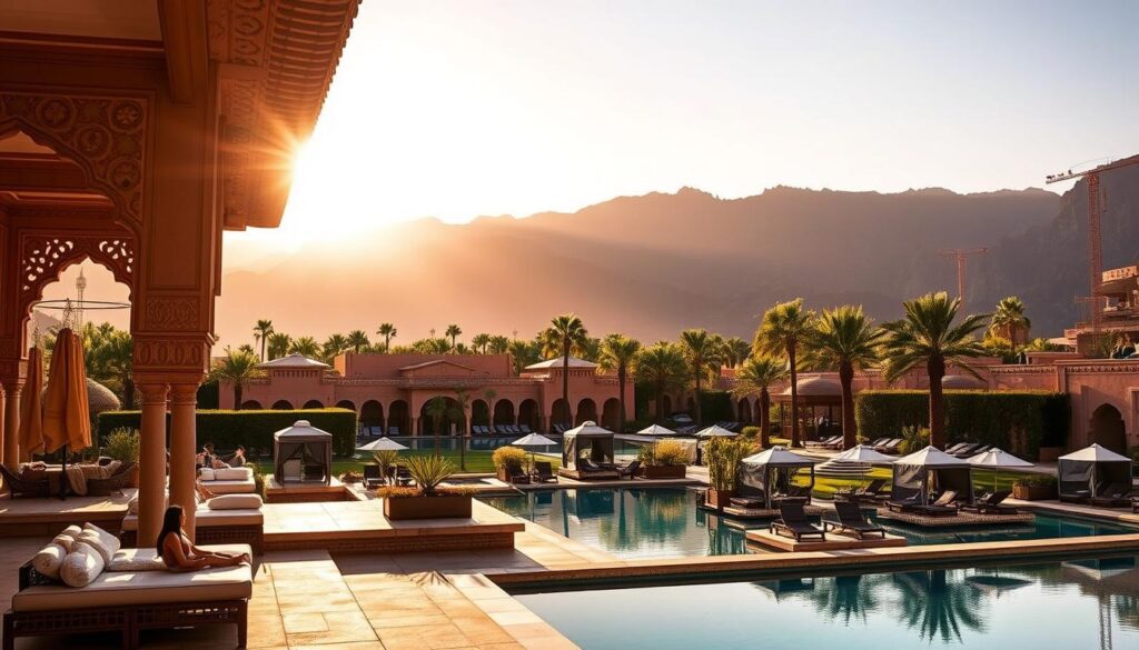 A sprawling, luxurious resort nestled amidst the majestic Atlas Mountains, with ornate Moorish architecture and lush, manicured gardens. MyVisitMorocco. Tranquil swimming pools reflect the vibrant, sun-drenched sky, while guests lounge on plush, cushioned daybeds. In the distance, the iconic silhouettes of palm trees sway gently in the warm breeze. Warm, golden light filters through intricate, carved archways, casting dramatic shadows across the scene. The resort exudes an atmosphere of opulence and relaxation, perfectly capturing the essence of Moroccan luxury and hospitality.