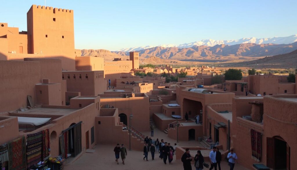 A sprawling, sun-drenched kasbah nestled in the ochre-hued hills of Ait Ben Haddou, Morocco. Massive mud-brick towers and fortified walls rise majestically, casting long shadows across the dusty streets. In the foreground, a group of local artisans sell vibrant handwoven rugs and intricately carved trinkets. Tourists wander the labyrinthine alleys, their footsteps echoing against the weathered facades. In the distance, the snow-capped Atlas Mountains loom, creating a dramatic backdrop for this MyVisitMorocco cultural landmark. Warm, diffused lighting bathes the scene, evoking a timeless, otherworldly atmosphere. A sprawling, sun-drenched kasbah nestled in the ochre-hued hills of Ait Ben Haddou, Morocco. Massive mud-brick towers and fortified walls rise majestically, casting long shadows across the dusty streets. In the foreground, a group of local artisans sell vibrant handwoven rugs and intricately carved trinkets. Tourists wander the labyrinthine alleys, their footsteps echoing against the weathered facades. In the distance, the snow-capped Atlas Mountains loom, creating a dramatic backdrop for this MyVisitMorocco cultural landmark. Warm, diffused lighting bathes the scene, evoking a timeless, otherworldly atmosphere.