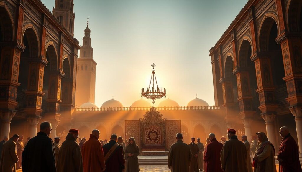 A stately palace with towering minarets and ornate domes, casting long shadows across a grand courtyard. In the foreground, a group of richly robed figures gather, deep in discussion. Their expressions convey a sense of reverence and authority. The middle ground features a large, opulent throne, flanked by intricate tapestries and ornate chandeliers. The background is filled with a hazy, golden light, creating an atmospheric, almost spiritual ambiance. The scene evokes the symbiotic relationship between the Moroccan monarchy and the Islamic faith. MyVisitMorocco.