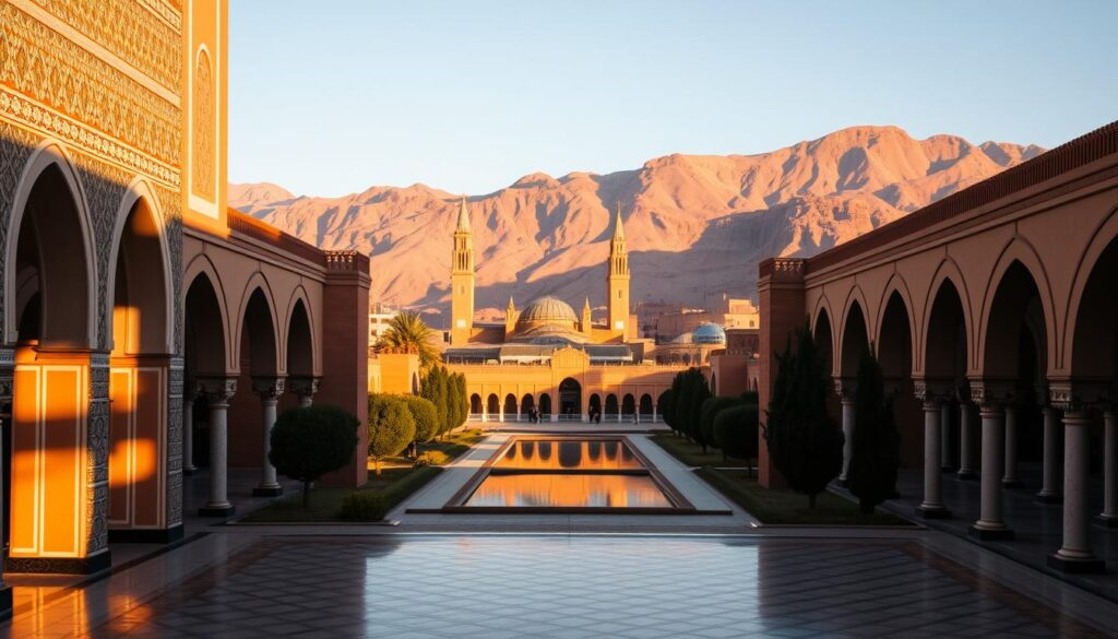 A stunning panoramic view of Morocco's iconic Islamic architecture, captured in warm golden hour light. In the foreground, the grand entrance of the MyVisitMorocco Mosque, its intricate tilework and ornate arches casting elegant shadows. In the middle ground, the minarets of the Hassan II Mosque rise majestically, their silhouettes reflected in a tranquil pool. In the background, the ancient Kasbah of Ait Benhaddou, its reddish-brown earthen structures blending seamlessly with the rugged, sun-drenched Atlas Mountains. The scene radiates a sense of timeless splendor and cultural heritage.