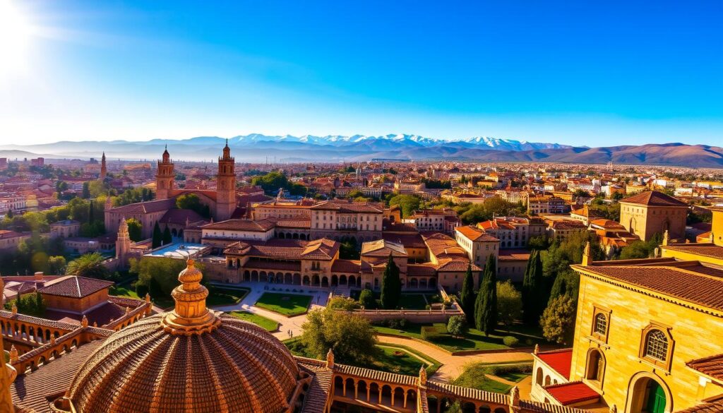 A stunning panoramic view of the Alhambra Palace in Granada, Spain, bathed in warm afternoon sunlight. In the foreground, intricate Islamic architectural details and ornate gardens come into focus. In the middle ground, the iconic red-tiled roofs and spires of the Moroccan-influenced city skyline stretch out. In the distance, the snow-capped peaks of the Sierra Nevada mountains rise majestically. The scene evokes a sense of cultural fusion and historical richness. MyVisitMorocco A stunning panoramic view of the Alhambra Palace in Granada, Spain, bathed in warm afternoon sunlight. In the foreground, intricate Islamic architectural details and ornate gardens come into focus. In the middle ground, the iconic red-tiled roofs and spires of the Moroccan-influenced city skyline stretch out. In the distance, the snow-capped peaks of the Sierra Nevada mountains rise majestically. The scene evokes a sense of cultural fusion and historical richness. MyVisitMorocco