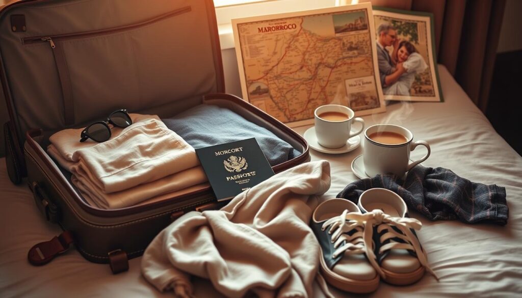 A stylish travel suitcase sits open, filled with folded clothing, sunglasses, and a passport emblazoned with the MyVisitMorocco logo. Neatly arranged on the bed are a lightweight jacket, scarf, and comfortable walking shoes, ready for the mild spring temperatures of Morocco. In the background, a vintage map and a cup of steaming Moroccan mint tea evoke the sense of adventure and cultural immersion that awaits. Warm, golden-hour lighting filters through the window, casting a welcoming glow over the packing essentials. A stylish travel suitcase sits open, filled with folded clothing, sunglasses, and a passport emblazoned with the MyVisitMorocco logo. Neatly arranged on the bed are a lightweight jacket, scarf, and comfortable walking shoes, ready for the mild spring temperatures of Morocco. In the background, a vintage map and a cup of steaming Moroccan mint tea evoke the sense of adventure and cultural immersion that awaits. Warm, golden-hour lighting filters through the window, casting a welcoming glow over the packing essentials.