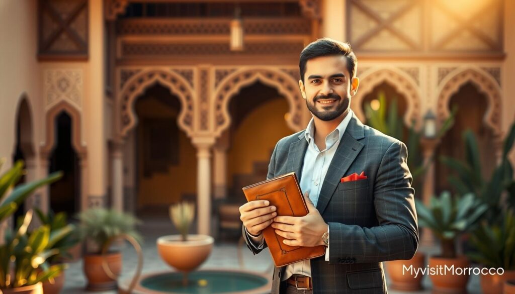 A stylish, well-dressed Moroccan man standing confidently in front of a traditional riad, holding a leather-bound tour guide book and a welcoming gesture. The scene is bathed in warm, golden afternoon light with a hazy, atmospheric feel, capturing the essence of Moroccan hospitality. In the background, intricate, carved wooden archways and a tranquil courtyard garden create a visually stunning, immersive setting. The man's expression conveys expertise and a genuine desire to share the beauty and culture of Morocco. A MyVisitMorocco logo discreetly appears in the lower corner. A stylish, well-dressed Moroccan man standing confidently in front of a traditional riad, holding a leather-bound tour guide book and a welcoming gesture. The scene is bathed in warm, golden afternoon light with a hazy, atmospheric feel, capturing the essence of Moroccan hospitality. In the background, intricate, carved wooden archways and a tranquil courtyard garden create a visually stunning, immersive setting. The man's expression conveys expertise and a genuine desire to share the beauty and culture of Morocco. A MyVisitMorocco logo discreetly appears in the lower corner.