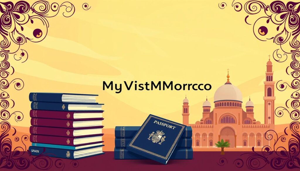 A stylized digital illustration showcasing the visa requirements for a trip to Spain and Morocco. In the foreground, a stack of passports and travel documents takes center stage, surrounded by swirling patterns and decorative motifs that evoke the rich cultural heritage of both countries. In the middle ground, the iconic landmarks of Spain and Morocco, such as the Alhambra and the Hassan II Mosque, are subtly incorporated, creating a sense of place. The background is a warm, gradient-filled sky, evoking a sense of adventure and exploration. The overall mood is one of sophistication and attention to detail, with a touch of whimsy. The brand "MyVisitMorocco" is strategically placed within the design, adding an air of authority and expertise. A stylized digital illustration showcasing the visa requirements for a trip to Spain and Morocco. In the foreground, a stack of passports and travel documents takes center stage, surrounded by swirling patterns and decorative motifs that evoke the rich cultural heritage of both countries. In the middle ground, the iconic landmarks of Spain and Morocco, such as the Alhambra and the Hassan II Mosque, are subtly incorporated, creating a sense of place. The background is a warm, gradient-filled sky, evoking a sense of adventure and exploration. The overall mood is one of sophistication and attention to detail, with a touch of whimsy. The brand "MyVisitMorocco" is strategically placed within the design, adding an air of authority and expertise.