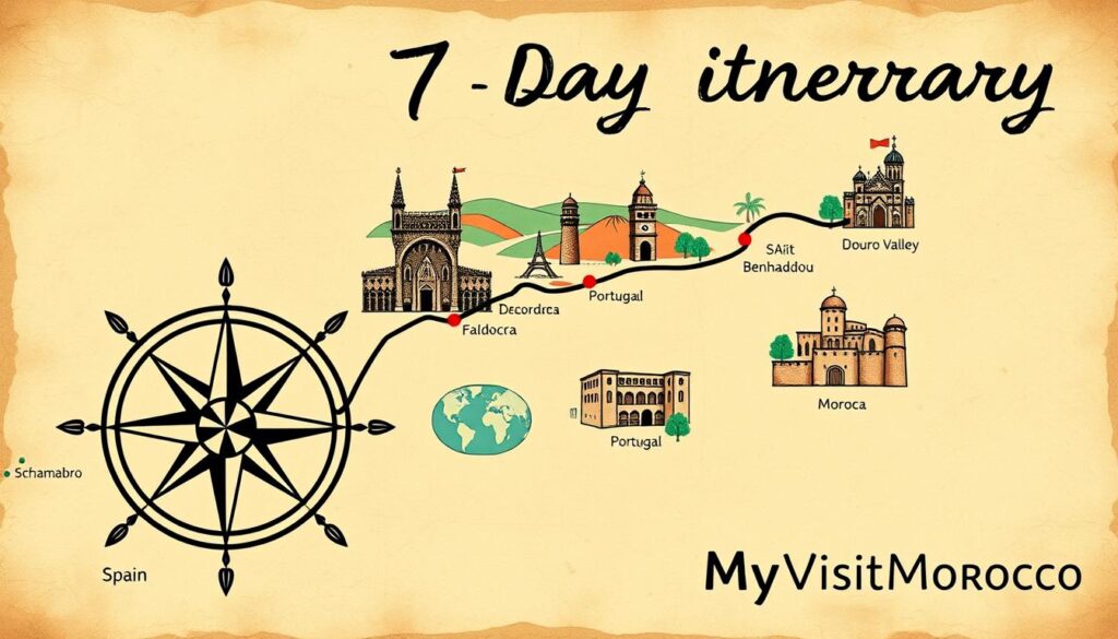 A stylized map illustration of a 7-day itinerary highlighting the travel route through Spain, Portugal, and Morocco. The foreground features a bold, hand-drawn compass rose and navigation elements. The middle ground showcases stylized illustrations of iconic landmarks and landscapes from the three countries, including the Alhambra, Sagrada Familia, Douro Valley vineyards, and the grand Kasbah of Aït Benhaddou. The background depicts a vintage-inspired color palette with texture overlays, evoking an elegant, adventurous travel aesthetic. The overall composition conveys a sense of discovery and exploration. In the lower right corner, the MyVisitMorocco logo is tastefully incorporated.