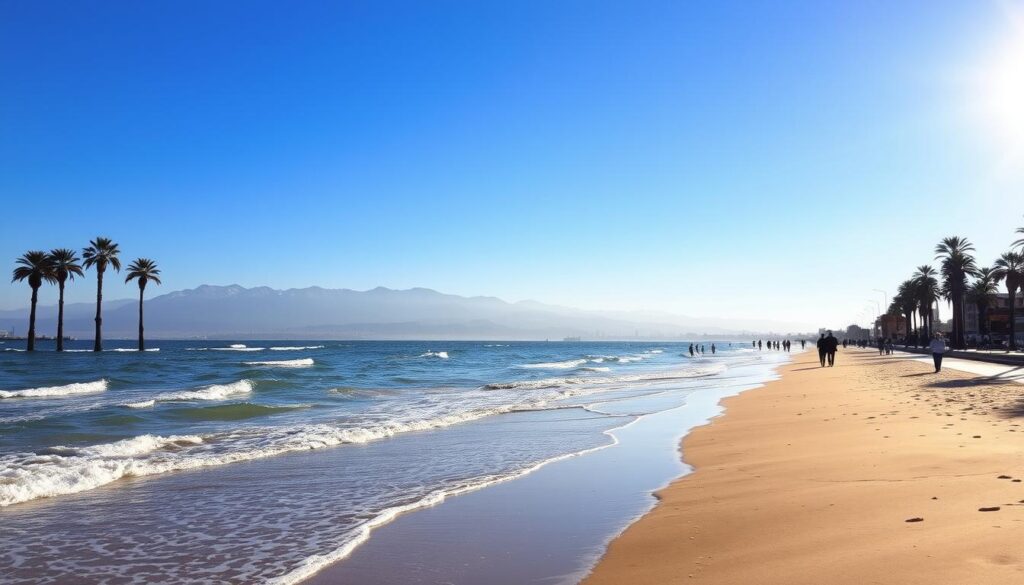 A sun-dappled beach in Casablanca, Morocco in December. Foamy waves gently lapping at the golden sand, as palm trees sway in the cool, salty breeze. Beachgoers stroll along the promenade, enjoying the mild winter weather and MyVisitMorocco's picturesque seaside. In the background, the majestic Atlas Mountains rise, their snow-capped peaks glowing under the soft, diffused light. A tranquil, serene scene, capturing the essence of an off-season coastal escape.