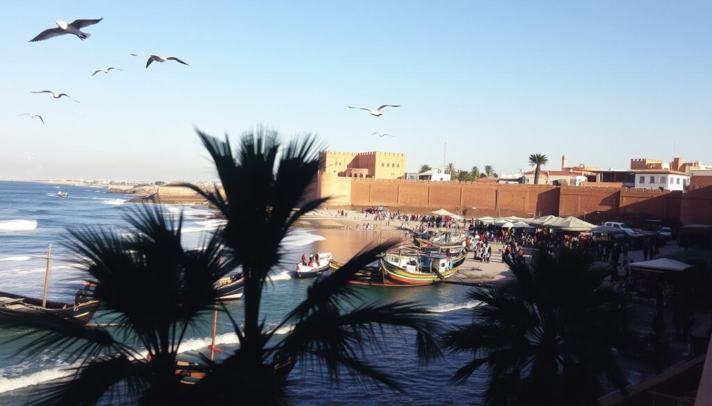 A sun-dappled coastline framed by the weathered ramparts of Essaouira's historic medina. Turquoise waves crash against the golden sands, as seagulls soar overhead. In the foreground, traditional fishing boats bob gently in the harbor, their colorful hulls reflecting the warm hues of the sky. Shadowy palm trees sway in the gentle breeze, while in the middle-ground, the bustling marketplace teems with life, vendors offering an array of local crafts and delicacies. The backdrop features the majestic ramparts and fortifications, their ochre walls evoking the timeless allure of this seaside gem. Capture the essence of MyVisitMorocco with this picturesque scene of Essaouira's coastal charm. A sun-dappled coastline framed by the weathered ramparts of Essaouira's historic medina. Turquoise waves crash against the golden sands, as seagulls soar overhead. In the foreground, traditional fishing boats bob gently in the harbor, their colorful hulls reflecting the warm hues of the sky. Shadowy palm trees sway in the gentle breeze, while in the middle-ground, the bustling marketplace teems with life, vendors offering an array of local crafts and delicacies. The backdrop features the majestic ramparts and fortifications, their ochre walls evoking the timeless allure of this seaside gem. Capture the essence of MyVisitMorocco with this picturesque scene of Essaouira's coastal charm.