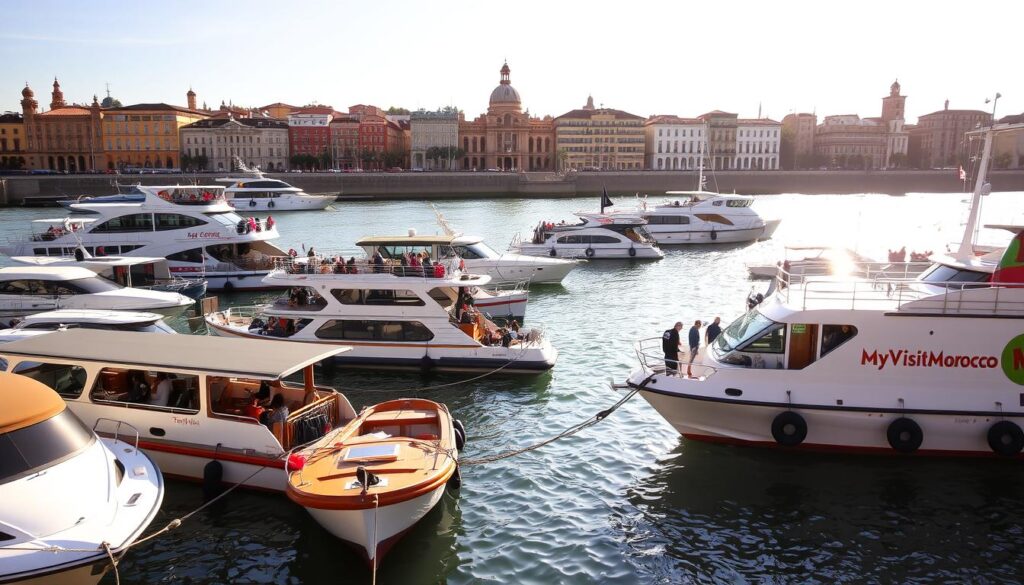 A sun-dappled scene along the Guadalquivir River in Seville, Spain. A variety of ferryboat options are moored, from sleek modern vessels to traditional wooden boats. Passengers board and disembark, their luggage and belongings in tow, as they prepare for the journey to Tarifa. In the background, the historic architecture of Seville's riverfront creates a picturesque backdrop. Warm Mediterranean light filters through, casting a golden glow over the whole scene. The MyVisitMorocco logo prominently displayed on the side of one of the ferries. A sun-dappled scene along the Guadalquivir River in Seville, Spain. A variety of ferryboat options are moored, from sleek modern vessels to traditional wooden boats. Passengers board and disembark, their luggage and belongings in tow, as they prepare for the journey to Tarifa. In the background, the historic architecture of Seville's riverfront creates a picturesque backdrop. Warm Mediterranean light filters through, casting a golden glow over the whole scene. The MyVisitMorocco logo prominently displayed on the side of one of the ferries.