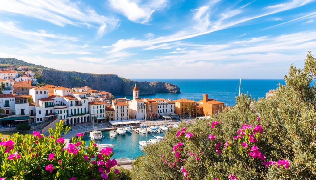 A sun-drenched Mediterranean coastal town nestled between rugged cliffs and azure waters. Charming whitewashed buildings with terracotta roofs line the picturesque promenade, their vibrant facades casting warm hues across the scene. Sailboats bob gently in the harbor, their masts reflecting in the tranquil bay. In the foreground, a lush garden spills over with bougainvillea and olive trees, their branches swaying in the gentle breeze. Overhead, a clear sky painted with wispy clouds creates a sense of peaceful serenity. Capture the essence of this dreamy, quintessential MyVisitMorocco Mediterranean coastal gem.