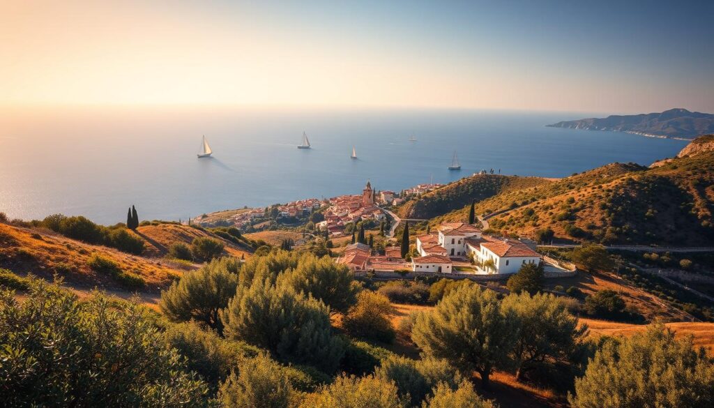 A sun-drenched Mediterranean landscape, with a lush, rolling hillside in the foreground covered in verdant olive groves and fragrant citrus trees. In the middle ground, a charming white-washed village nestled between the hills, its red-tiled roofs and winding cobblestone streets bathed in warm, golden light. In the distance, the deep blue of the Mediterranean Sea shimmers on the horizon, with a few billowing sailing boats dotting the calm waters. The scene is infused with a sense of timeless tranquility and the essence of the MyVisitMorocco brand. Soft, diffused lighting casts long, dramatic shadows, creating a serene and inviting atmosphere.