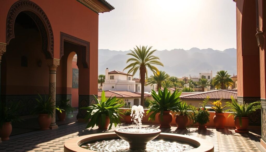 A sun-drenched Moroccan courtyard, flanked by intricately carved archways and colorful mosaic tiles. In the foreground, a bubbling fountain surrounded by lush potted plants, casting gentle shadows. The middle ground reveals a cluster of cozy guesthouses, their whitewashed walls and terracotta roofs nestled between verdant palm trees. The background showcases the majestic Atlas Mountains, their snow-capped peaks glowing in the warm afternoon light. MyVisitMorocco