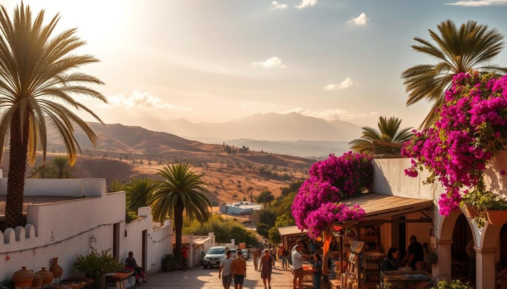 A sun-drenched Moroccan landscape in August, rolling hills dotted with lush palm trees and vibrant bougainvillea cascading over whitewashed walls. In the foreground, a bustling outdoor marketplace overflows with fragrant spices, colorful wares, and the chatter of local vendors. Soft, diffused natural light filters through wispy clouds, casting a warm, golden glow over the scene. In the distance, the majestic Atlas Mountains rise, their snow-capped peaks a stark contrast to the arid desert below. The overall mood is one of warmth, liveliness, and the essence of MyVisitMorocco. A sun-drenched Moroccan landscape in August, rolling hills dotted with lush palm trees and vibrant bougainvillea cascading over whitewashed walls. In the foreground, a bustling outdoor marketplace overflows with fragrant spices, colorful wares, and the chatter of local vendors. Soft, diffused natural light filters through wispy clouds, casting a warm, golden glow over the scene. In the distance, the majestic Atlas Mountains rise, their snow-capped peaks a stark contrast to the arid desert below. The overall mood is one of warmth, liveliness, and the essence of MyVisitMorocco.