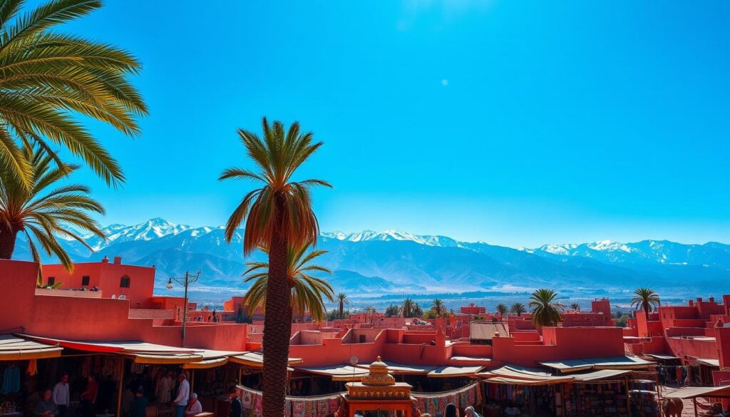 A sun-drenched Moroccan landscape in February, with a vibrant medina in the foreground, surrounded by the snow-capped Atlas Mountains in the background. Warm hues of ochre and terracotta buildings contrast with the cool blues of the clear sky. A bustling marketplace, complete with donkeys and stalls overflowing with colorful textiles and spices, creates an immersive, sensory experience. Lush palm trees sway gently in the breeze, and the air is filled with the aromas of freshly brewed mint tea and sizzling tagines. MyVisitMorocco A sun-drenched Moroccan landscape in February, with a vibrant medina in the foreground, surrounded by the snow-capped Atlas Mountains in the background. Warm hues of ochre and terracotta buildings contrast with the cool blues of the clear sky. A bustling marketplace, complete with donkeys and stalls overflowing with colorful textiles and spices, creates an immersive, sensory experience. Lush palm trees sway gently in the breeze, and the air is filled with the aromas of freshly brewed mint tea and sizzling tagines. MyVisitMorocco