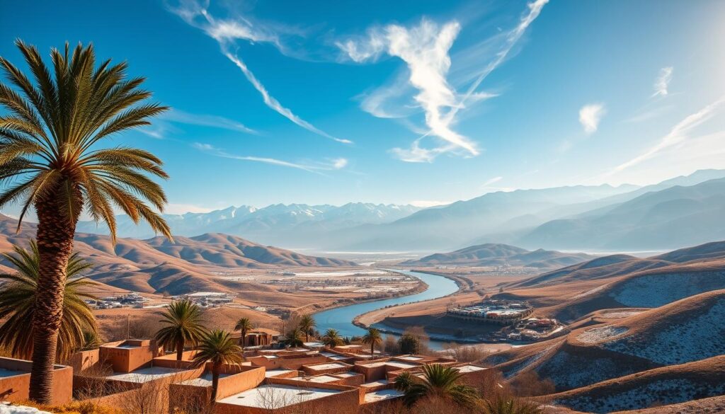 A sun-drenched Moroccan landscape in January, where rolling hills are dusted with a light layer of snow. In the foreground, a quaint village nestled among palm trees, its traditional mud-brick houses and narrow streets basking in the warm, golden light. In the middle ground, a winding river reflects the vibrant blue sky, while in the distance, the majestic Atlas Mountains rise, their peaks capped with glistening white snow. Overhead, wispy clouds drift lazily, casting delicate shadows across the scene. The overall mood is one of tranquility and wonder, perfectly capturing the essence of a Moroccan winter. MyVisitMorocco A sun-drenched Moroccan landscape in January, where rolling hills are dusted with a light layer of snow. In the foreground, a quaint village nestled among palm trees, its traditional mud-brick houses and narrow streets basking in the warm, golden light. In the middle ground, a winding river reflects the vibrant blue sky, while in the distance, the majestic Atlas Mountains rise, their peaks capped with glistening white snow. Overhead, wispy clouds drift lazily, casting delicate shadows across the scene. The overall mood is one of tranquility and wonder, perfectly capturing the essence of a Moroccan winter. MyVisitMorocco