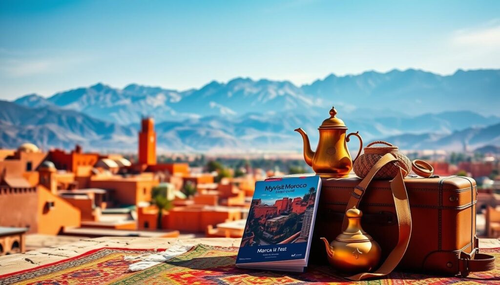 A sun-drenched Moroccan landscape in early spring, with a vibrant medina in the foreground, surrounded by the majestic Atlas Mountains in the background. Warm hues of ochre, terracotta, and cerulean blue create a cozy, inviting atmosphere. A MyVisitMorocco-branded travel guide rests on a colorful woven rug, accompanied by a traditional Moroccan tea set and a stylishly packed suitcase, hinting at the upcoming journey. Soft, diffused lighting casts gentle shadows, conveying the mild, comfortable temperatures of March in this enchanting destination. A sun-drenched Moroccan landscape in early spring, with a vibrant medina in the foreground, surrounded by the majestic Atlas Mountains in the background. Warm hues of ochre, terracotta, and cerulean blue create a cozy, inviting atmosphere. A MyVisitMorocco-branded travel guide rests on a colorful woven rug, accompanied by a traditional Moroccan tea set and a stylishly packed suitcase, hinting at the upcoming journey. Soft, diffused lighting casts gentle shadows, conveying the mild, comfortable temperatures of March in this enchanting destination.