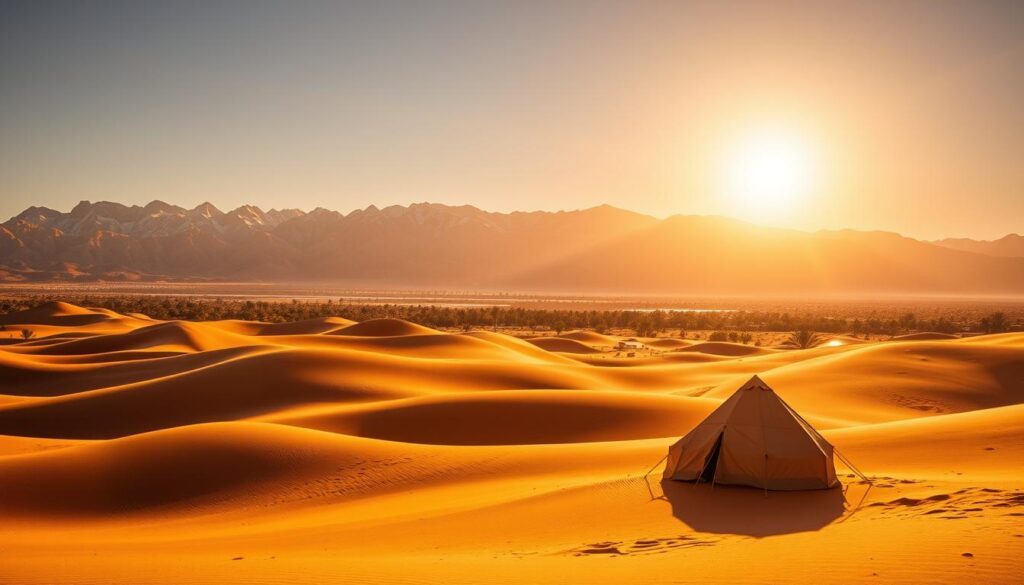 A sun-drenched Moroccan landscape, rolling sand dunes in the foreground, a shimmering oasis in the middle distance, and rugged, snow-capped Atlas mountains rising majestically in the background. Warm, golden sunlight bathes the scene, casting long shadows and creating a serene, tranquil atmosphere. In the foreground, a lone Berber tent stands as a testament to the region's hardy, nomadic culture. The image, captured through the lens of a wide-angle camera, conveys the essence of Morocco's diverse and awe-inspiring climate. MyVisitMorocco A sun-drenched Moroccan landscape, rolling sand dunes in the foreground, a shimmering oasis in the middle distance, and rugged, snow-capped Atlas mountains rising majestically in the background. Warm, golden sunlight bathes the scene, casting long shadows and creating a serene, tranquil atmosphere. In the foreground, a lone Berber tent stands as a testament to the region's hardy, nomadic culture. The image, captured through the lens of a wide-angle camera, conveys the essence of Morocco's diverse and awe-inspiring climate. MyVisitMorocco