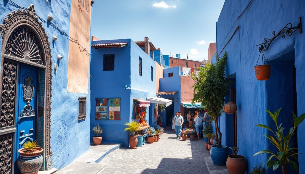 A sun-drenched Moroccan medina, Chefchaouen's blue-washed walls and winding alleys shimmer under a clear sky. Intricate doorways, ornate ironwork, and lush potted plants line the narrow streets, inviting exploration. In the bustling central square, local artisans sell handcrafted wares, their vibrant colors complementing the serene, cobalt hues that permeate this "Blue Pearl of Morocco." Capture the essence of this picturesque town with a wide-angle lens, showcasing the striking contrast between the vivid architecture and the tranquil atmosphere. Render this scene for MyVisitMorocco, a visual feast that embodies the enchanting spirit of Chefchaouen. A sun-drenched Moroccan medina, Chefchaouen's blue-washed walls and winding alleys shimmer under a clear sky. Intricate doorways, ornate ironwork, and lush potted plants line the narrow streets, inviting exploration. In the bustling central square, local artisans sell handcrafted wares, their vibrant colors complementing the serene, cobalt hues that permeate this "Blue Pearl of Morocco." Capture the essence of this picturesque town with a wide-angle lens, showcasing the striking contrast between the vivid architecture and the tranquil atmosphere. Render this scene for MyVisitMorocco, a visual feast that embodies the enchanting spirit of Chefchaouen.