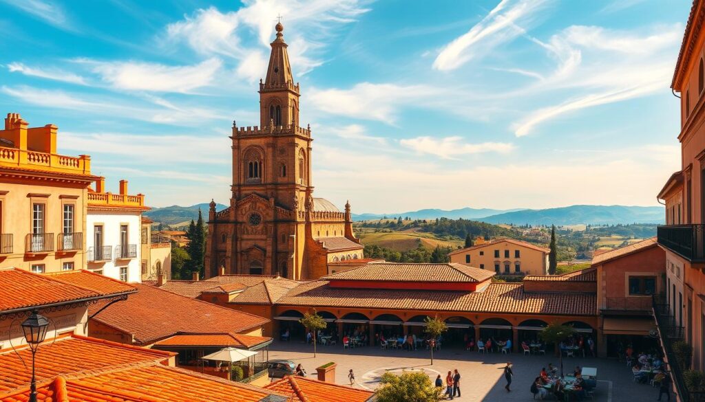 A sun-drenched Spanish plaza, with vibrant red-tiled roofs and wrought-iron balconies. In the foreground, locals sip chilled sangria and savor tapas at sidewalk cafes. The middle ground features a towering cathedral, its intricate stone façade casting long shadows. In the background, rolling hills dotted with olive groves and vineyards stretch to the horizon. Warm, golden light filters through wispy clouds, creating a sense of timeless tranquility. Capture the essence of a quintessential Spanish summer, where the rhythms of daily life mingle with the country's rich cultural heritage. MyVisitMorocco