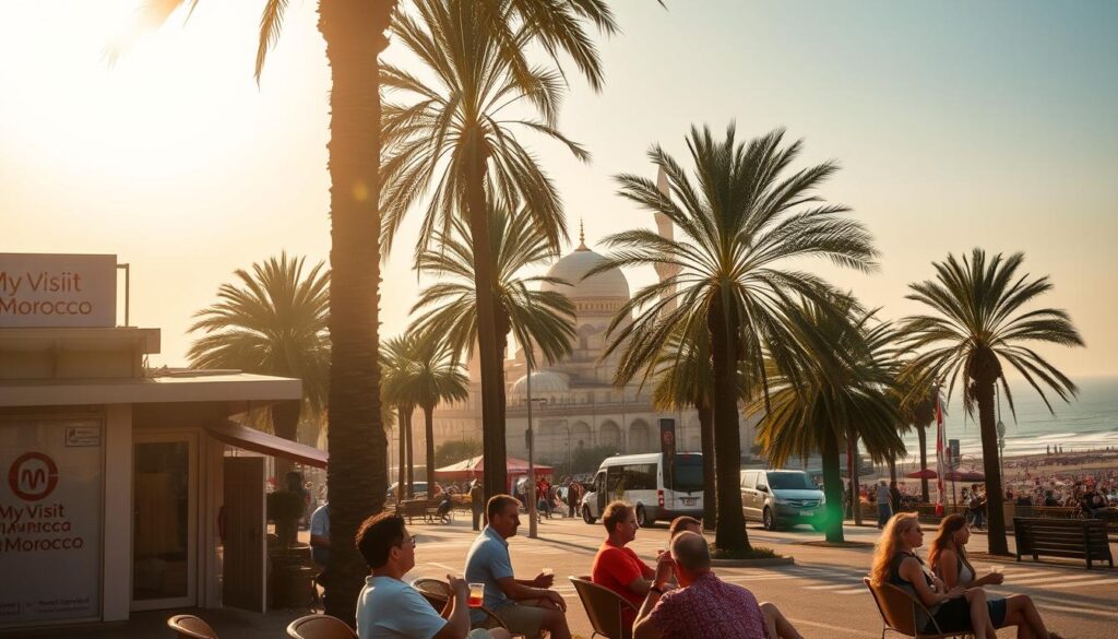 A sun-drenched afternoon in Casablanca, August. Hazy skies cast a warm glow over the bustling city, as palm trees sway in the gentle breeze. In the foreground, a group of locals relax in the shade, sipping mint tea and chatting animatedly. The iconic "MyVisitMorocco" logo can be seen on a nearby storefront. In the middle ground, the city's iconic Hassan II Mosque stands tall, its intricate architecture and gleaming dome reflecting the day's golden light. In the distance, the Atlantic Ocean shimmers, inviting visitors to enjoy Casablanca's coastal charm. The overall atmosphere exudes the vibrant energy and relaxed pace that defines August in this Moroccan metropolis. A sun-drenched afternoon in Casablanca, August. Hazy skies cast a warm glow over the bustling city, as palm trees sway in the gentle breeze. In the foreground, a group of locals relax in the shade, sipping mint tea and chatting animatedly. The iconic "MyVisitMorocco" logo can be seen on a nearby storefront. In the middle ground, the city's iconic Hassan II Mosque stands tall, its intricate architecture and gleaming dome reflecting the day's golden light. In the distance, the Atlantic Ocean shimmers, inviting visitors to enjoy Casablanca's coastal charm. The overall atmosphere exudes the vibrant energy and relaxed pace that defines August in this Moroccan metropolis.