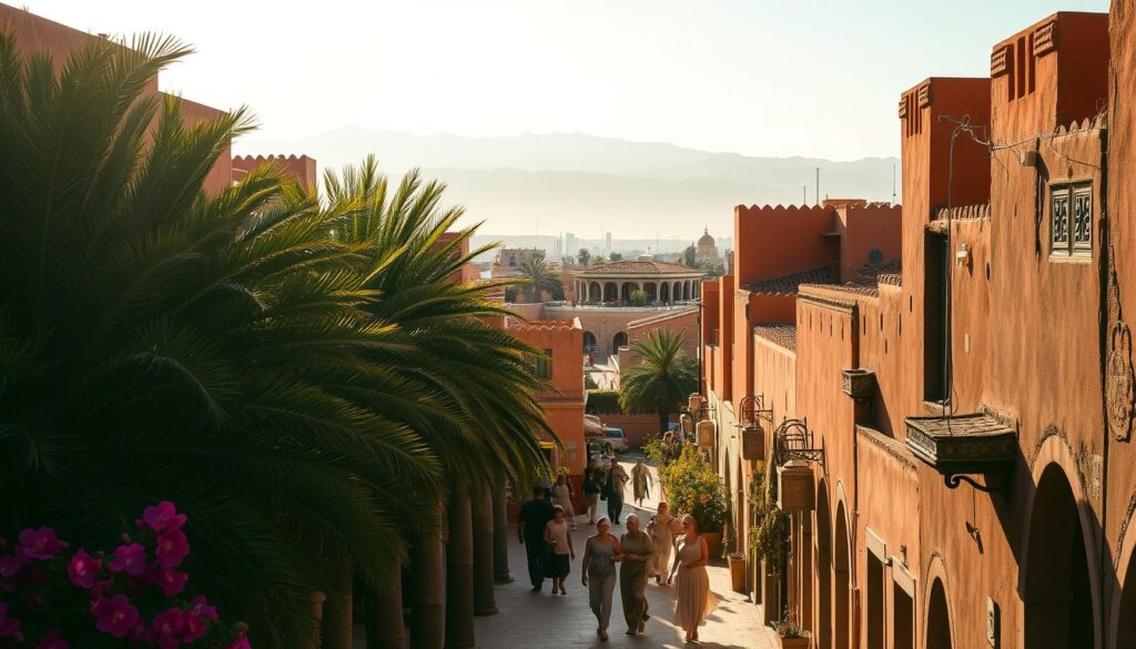 A sun-drenched afternoon in Marrakech, September. Hazy, golden light bathes the iconic terracotta architecture, casting warm shadows across the bustling medina. In the foreground, a lush oasis of palm trees and bougainvillea blooms, their vibrant colors complementing the earthy tones of the surrounding buildings. In the middle ground, people stroll leisurely through the narrow, winding streets, dressed in lightweight, flowing fabrics to beat the late-summer heat. In the distance, the majestic Atlas Mountains rise, their snow-capped peaks a stark contrast to the arid landscape. The scene exudes a sense of tranquility and timelessness, perfectly capturing the essence of Marrakech in September. MyVisitMorocco.