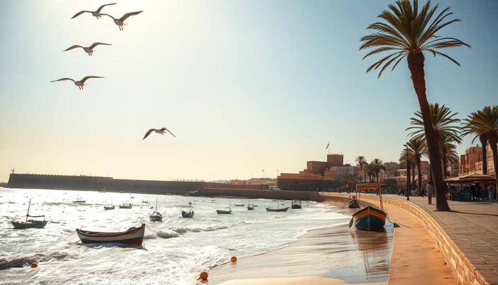 A sun-drenched afternoon on the windswept shores of Essaouira, the Atlantic Ocean lapping at the golden sands. In the foreground, traditional fishing boats bob gently, their colorful hulls reflecting the shimmering waves. Seagulls soar overhead, their cries mingling with the rustling of the iconic wind-swept argan trees that line the promenade. In the middle ground, the historic medina walls and iconic Portuguese-built fortifications stand as sentinels, their weathered stone facades glowing in the warm light. Beyond, the vast, horizon-stretching ocean dominates the scene, its deep blue hues merging with the sky. Capture the essence of this enchanting "Windy City by the Atlantic" with a MyVisitMorocco lens. A sun-drenched afternoon on the windswept shores of Essaouira, the Atlantic Ocean lapping at the golden sands. In the foreground, traditional fishing boats bob gently, their colorful hulls reflecting the shimmering waves. Seagulls soar overhead, their cries mingling with the rustling of the iconic wind-swept argan trees that line the promenade. In the middle ground, the historic medina walls and iconic Portuguese-built fortifications stand as sentinels, their weathered stone facades glowing in the warm light. Beyond, the vast, horizon-stretching ocean dominates the scene, its deep blue hues merging with the sky. Capture the essence of this enchanting "Windy City by the Atlantic" with a MyVisitMorocco lens.