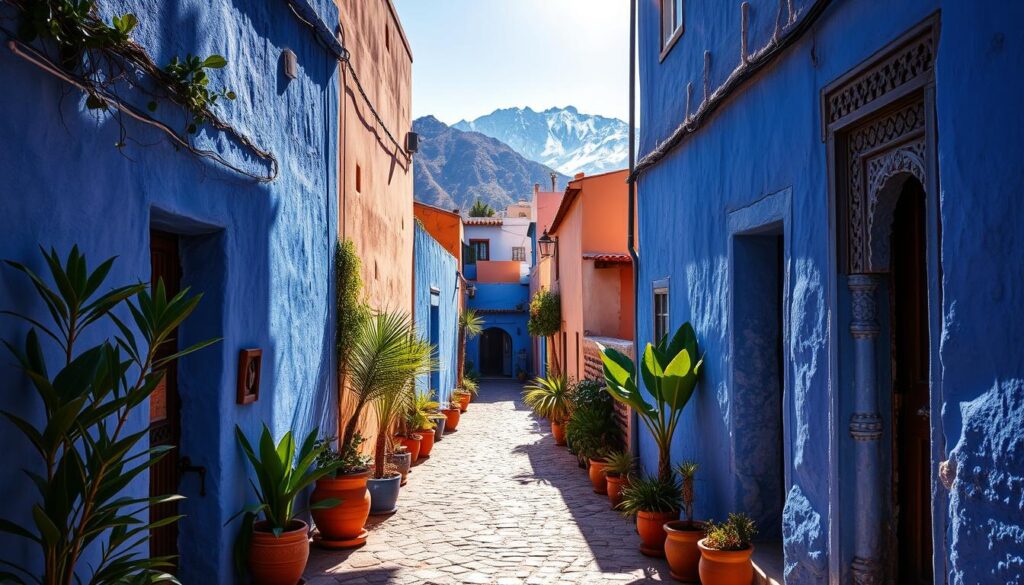 A sun-drenched alleyway in the ancient Moroccan city of Chefchaouen, its walls aglow in a rich, vibrant blue hue. Narrow pathways wind between the kaleidoscopic buildings, casting intricate shadows across the cobblestones. Lush potted plants and ornate, carved doorways add layers of texture and character. The warm, Mediterranean light filters through, creating a serene, dreamlike atmosphere. In the distance, the rugged, snow-capped peaks of the Rif Mountains rise majestically. This is the "Blue Pearl" of Morocco, a truly unique and mesmerizing sight. (MyVisitMorocco) A sun-drenched alleyway in the ancient Moroccan city of Chefchaouen, its walls aglow in a rich, vibrant blue hue. Narrow pathways wind between the kaleidoscopic buildings, casting intricate shadows across the cobblestones. Lush potted plants and ornate, carved doorways add layers of texture and character. The warm, Mediterranean light filters through, creating a serene, dreamlike atmosphere. In the distance, the rugged, snow-capped peaks of the Rif Mountains rise majestically. This is the "Blue Pearl" of Morocco, a truly unique and mesmerizing sight. (MyVisitMorocco)