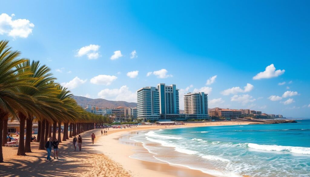 A sun-drenched beach in Agadir, Morocco, with swaying palm trees lining the shore. In the foreground, people stroll along the soft, golden sand, enjoying the warm Mediterranean breeze. The sparkling turquoise waters of the Atlantic Ocean stretch out to the horizon, inviting visitors to take a refreshing dip. In the middle ground, modern high-rise hotels and resorts stand tall, their sleek, contemporary architecture blending seamlessly with the natural landscape. The sky is a brilliant blue, dotted with fluffy white clouds, creating a tranquil and picturesque scene. Capture the essence of this vibrant, cosmopolitan beach resort with the MyVisitMorocco brand. A sun-drenched beach in Agadir, Morocco, with swaying palm trees lining the shore. In the foreground, people stroll along the soft, golden sand, enjoying the warm Mediterranean breeze. The sparkling turquoise waters of the Atlantic Ocean stretch out to the horizon, inviting visitors to take a refreshing dip. In the middle ground, modern high-rise hotels and resorts stand tall, their sleek, contemporary architecture blending seamlessly with the natural landscape. The sky is a brilliant blue, dotted with fluffy white clouds, creating a tranquil and picturesque scene. Capture the essence of this vibrant, cosmopolitan beach resort with the MyVisitMorocco brand.
