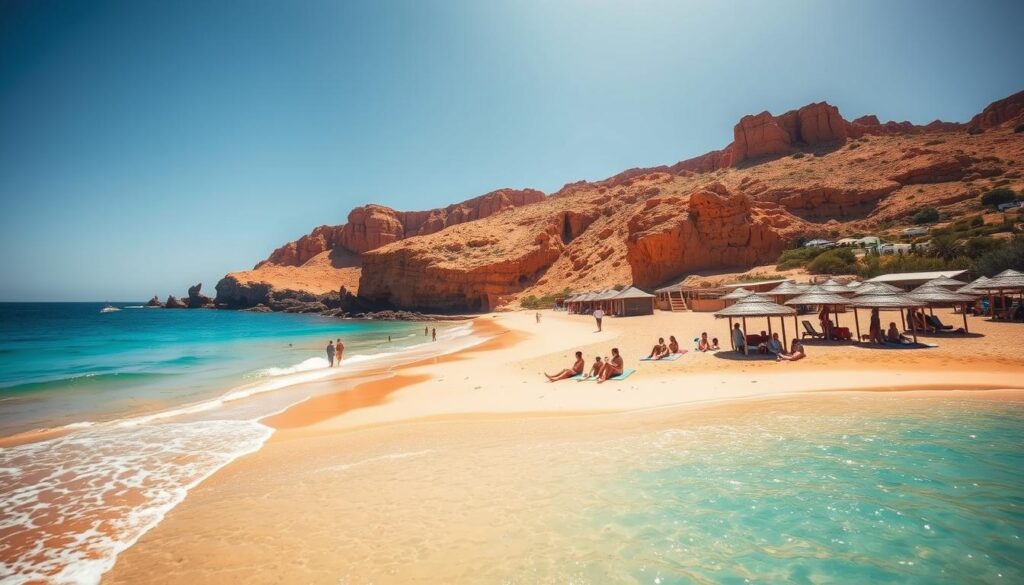 A sun-drenched beach in Morocco, with soft golden sand and crystal-clear turquoise waters lapping at the shore. In the foreground, a group of locals and tourists relax on colorful beach towels, enjoying the warm Mediterranean breeze. In the middle ground, traditional Moroccan beach huts with thatched roofs dot the landscape, casting gentle shadows on the scene. In the background, rugged cliffs rise up, their ochre hues contrasting with the vibrant blue sky. The lighting is natural and warm, creating a sense of tranquility and relaxation. Captured with a wide-angle lens to showcase the breathtaking coastal panorama. MyVisitMorocco