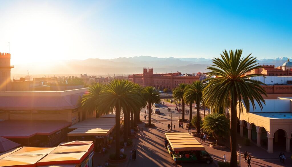 A sun-drenched cityscape of Casablanca and Rabat, Morocco in February. In the foreground, bustling markets and cafes with vibrant awnings and people strolling leisurely. Mid-ground, grand colonial-era buildings and lush palm trees casting long shadows. In the background, the majestic Atlas Mountains capped with snow under a clear azure sky. Warm, golden afternoon light filters through, creating a welcoming, balmy atmosphere. MyVisitMorocco A sun-drenched cityscape of Casablanca and Rabat, Morocco in February. In the foreground, bustling markets and cafes with vibrant awnings and people strolling leisurely. Mid-ground, grand colonial-era buildings and lush palm trees casting long shadows. In the background, the majestic Atlas Mountains capped with snow under a clear azure sky. Warm, golden afternoon light filters through, creating a welcoming, balmy atmosphere. MyVisitMorocco