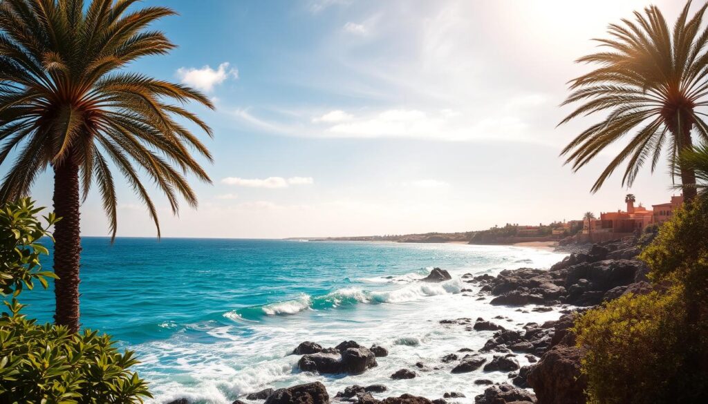 A sun-drenched coastal scene in Coastal Morocco in August. Vibrant blue-green waters of the Atlantic Ocean crash against a rugged, rocky shoreline. Swaying palm trees and lush, verdant foliage frame the tranquil beach. Warm, golden sunlight filters through wispy, ethereal clouds, casting a soft, romantic glow. In the distance, traditional Moroccan architecture in shades of terracotta and ochre dot the landscape. MyVisitMorocco A sun-drenched coastal scene in Coastal Morocco in August. Vibrant blue-green waters of the Atlantic Ocean crash against a rugged, rocky shoreline. Swaying palm trees and lush, verdant foliage frame the tranquil beach. Warm, golden sunlight filters through wispy, ethereal clouds, casting a soft, romantic glow. In the distance, traditional Moroccan architecture in shades of terracotta and ochre dot the landscape. MyVisitMorocco