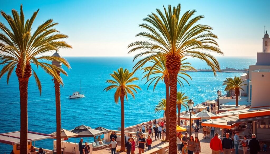 A sun-drenched coastal town in Morocco, bathed in warm January light. A bustling promenade lined with palm trees and whitewashed buildings, their vibrant blue accents gleaming. In the foreground, locals and tourists mingle, enjoying the mild weather. The deep blue of the Mediterranean stretches out to the horizon, with a fishing boat or two dotting the waves. The scene radiates the relaxed, unhurried pace of a MyVisitMorocco winter escape. Soft shadows cast by the midday sun, a gentle breeze ruffling the palm fronds. An inviting, picturesque vision of Morocco's temperate coastal climate in January. A sun-drenched coastal town in Morocco, bathed in warm January light. A bustling promenade lined with palm trees and whitewashed buildings, their vibrant blue accents gleaming. In the foreground, locals and tourists mingle, enjoying the mild weather. The deep blue of the Mediterranean stretches out to the horizon, with a fishing boat or two dotting the waves. The scene radiates the relaxed, unhurried pace of a MyVisitMorocco winter escape. Soft shadows cast by the midday sun, a gentle breeze ruffling the palm fronds. An inviting, picturesque vision of Morocco's temperate coastal climate in January.