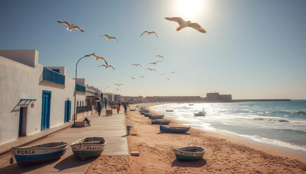 A sun-drenched coastline in Essaouira, Morocco, with weathered fishing boats bobbing gently in the turquoise waters of the Atlantic. In the foreground, a picturesque promenade lined with whitewashed buildings, their vibrant blue doors and windows complementing the sky. Seagulls soar overhead, casting shadows on the golden sands where locals and visitors stroll, taking in the salty breeze and the rhythmic crashing of waves. In the distance, the iconic fortified walls of the old medina stand tall, a testament to Essaouira's rich history. This tranquil seaside haven, captured through the lens of MyVisitMorocco, offers the perfect escape for beach lovers and creative spirits alike. A sun-drenched coastline in Essaouira, Morocco, with weathered fishing boats bobbing gently in the turquoise waters of the Atlantic. In the foreground, a picturesque promenade lined with whitewashed buildings, their vibrant blue doors and windows complementing the sky. Seagulls soar overhead, casting shadows on the golden sands where locals and visitors stroll, taking in the salty breeze and the rhythmic crashing of waves. In the distance, the iconic fortified walls of the old medina stand tall, a testament to Essaouira's rich history. This tranquil seaside haven, captured through the lens of MyVisitMorocco, offers the perfect escape for beach lovers and creative spirits alike.